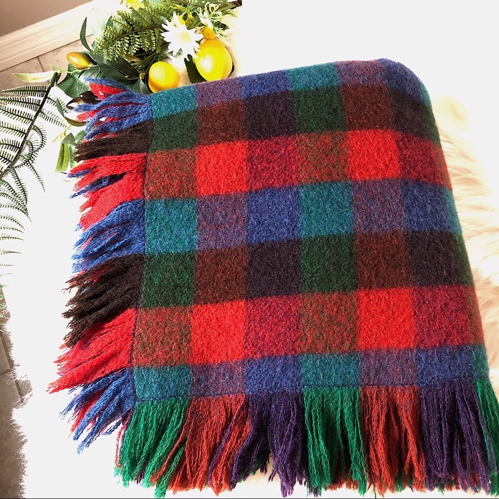 Cool Vintage Wool Plaid Throw with Self Fringe